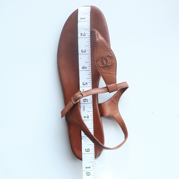 Chanel Brown Leather T-Strap Sandals Rare Minimalist Designer Summer Flats Shoes - Picture 16 of 16